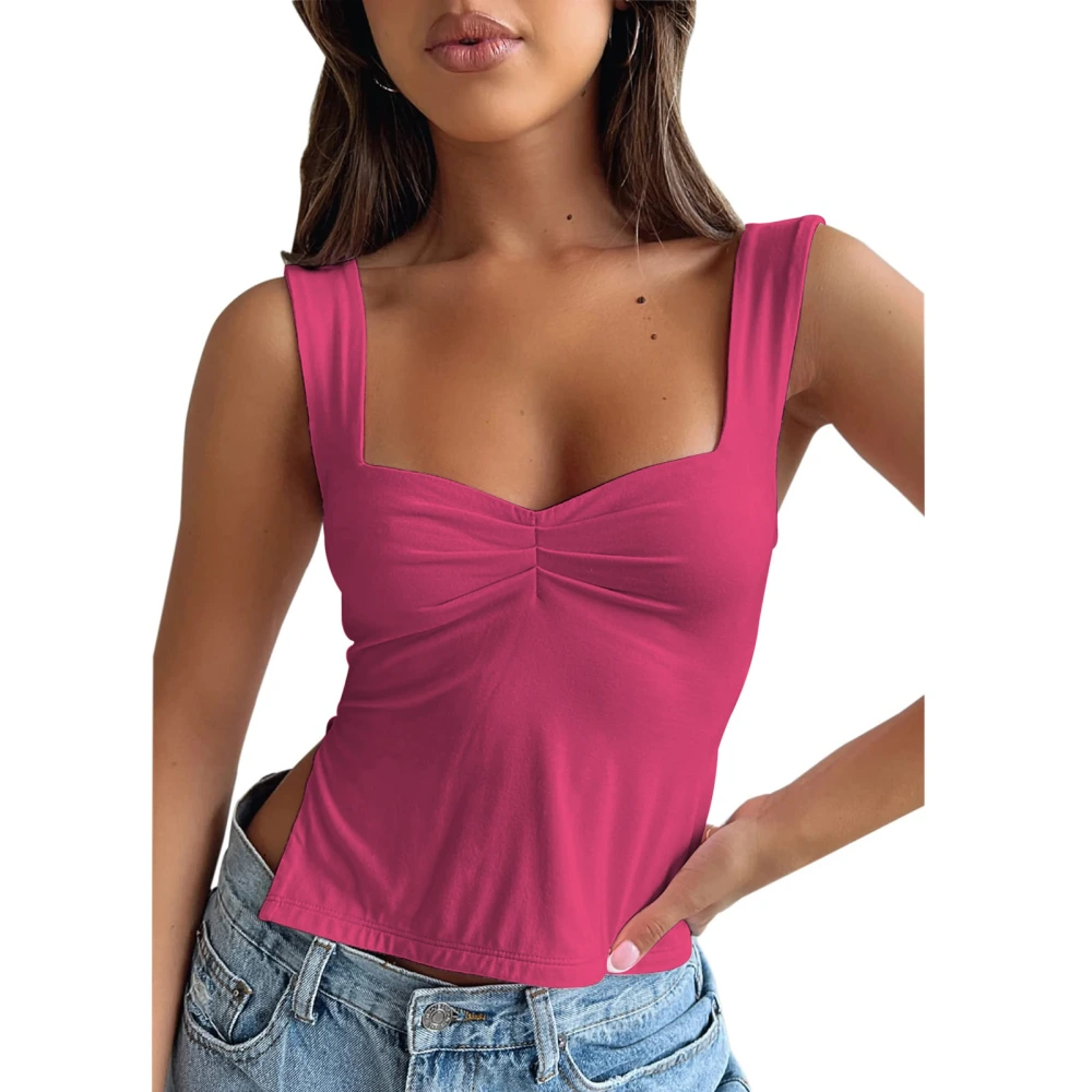 Plain Color Ruched Bust Tank Top Women Elegant Fashionable Slim Fit Side Split Sleeveless Shirt for Party Fluorescent Red XS