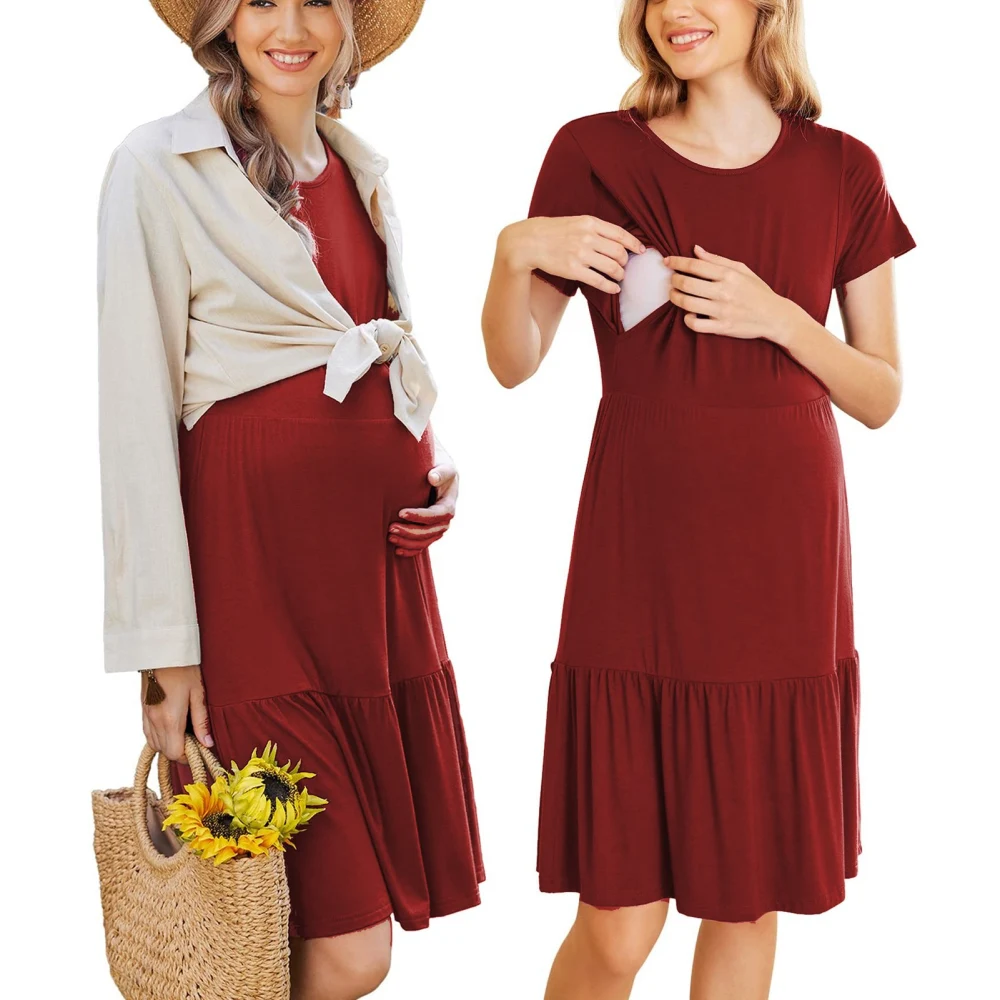 Women Maternity Nursing Dress Double Sides Openings Short Sleeve Pregnancy Breastfeeding Sleepwear Wine Red XXL