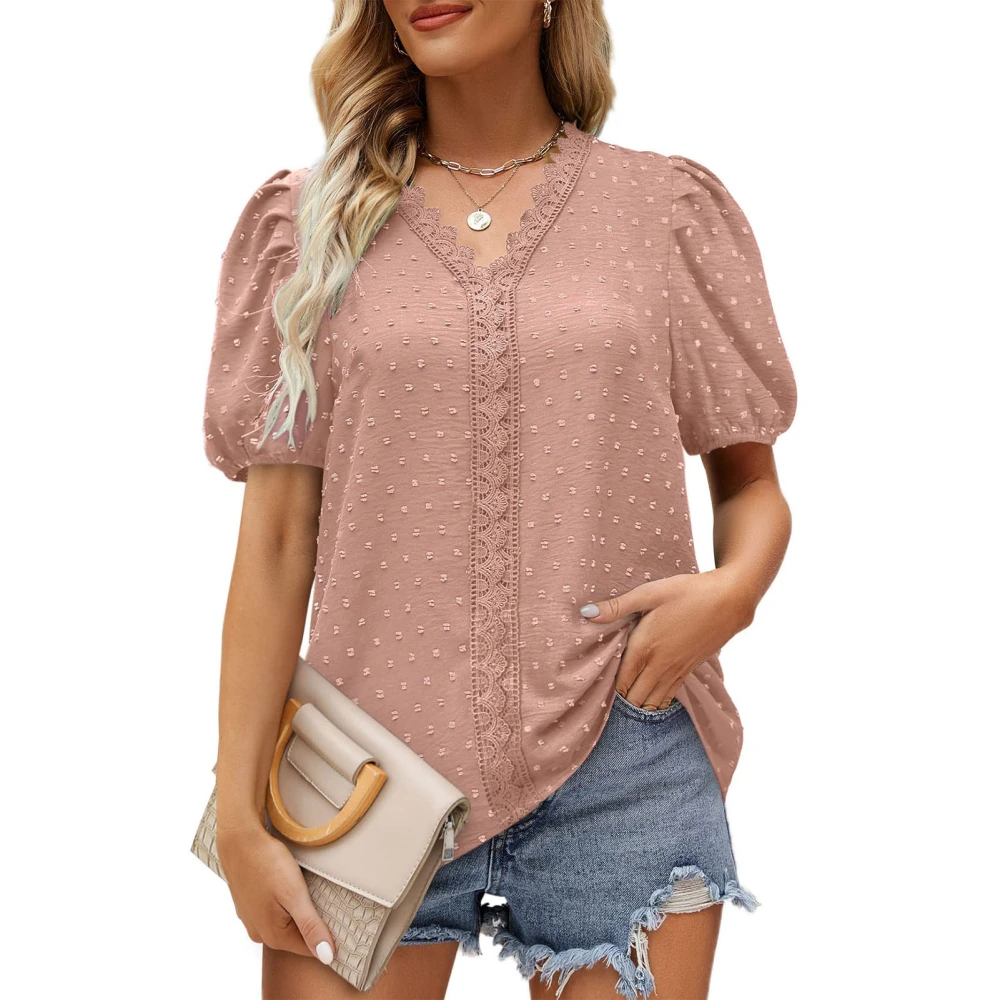 Women Casual Puff Sleeve Blouse V Neck Lace Trim Pure Color Loose Fitting Summer Top Pink L