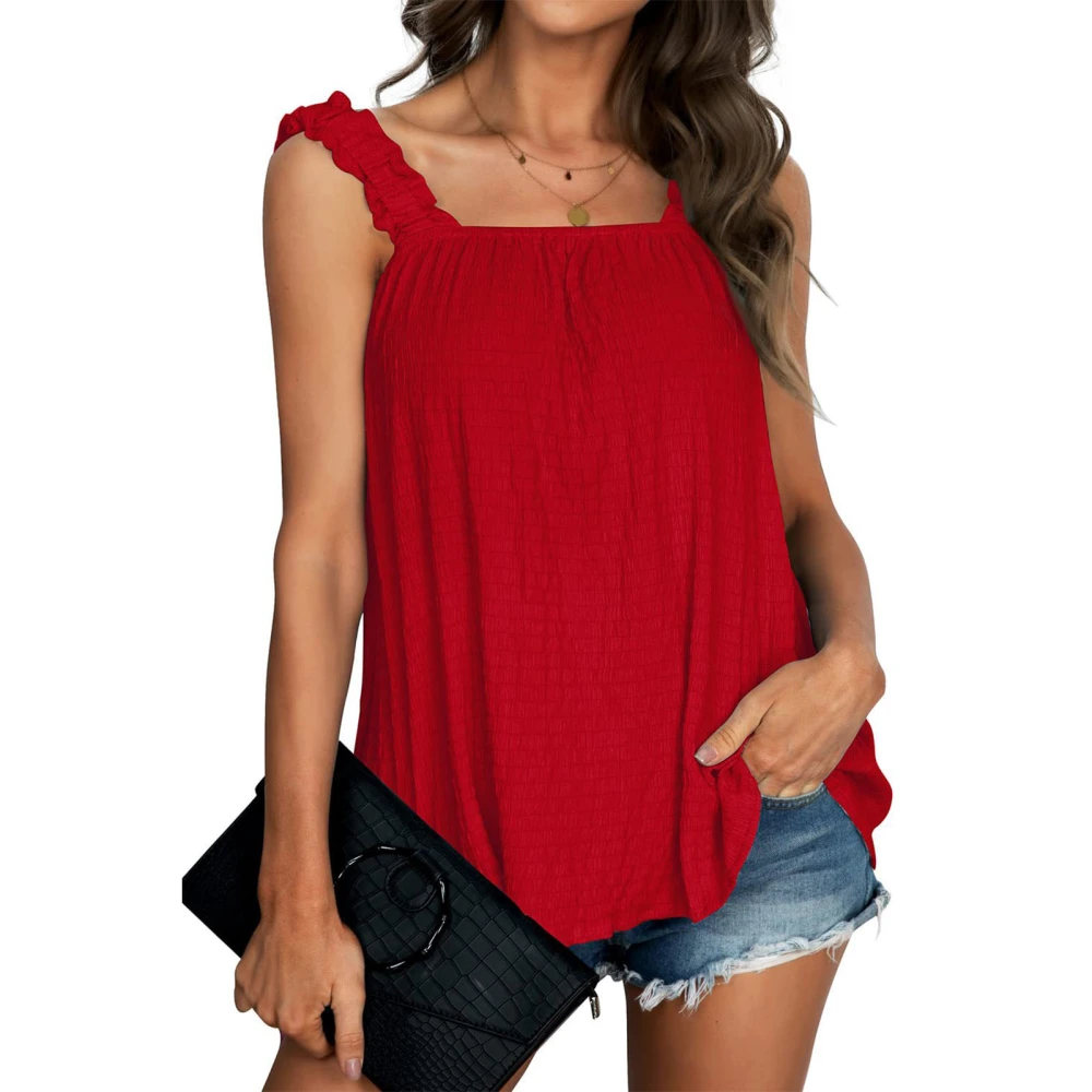 Women Casual Frill Trim Camisole Top Shirred Strap Sleeveless Pure Color Tank Top for Summer Red XXL