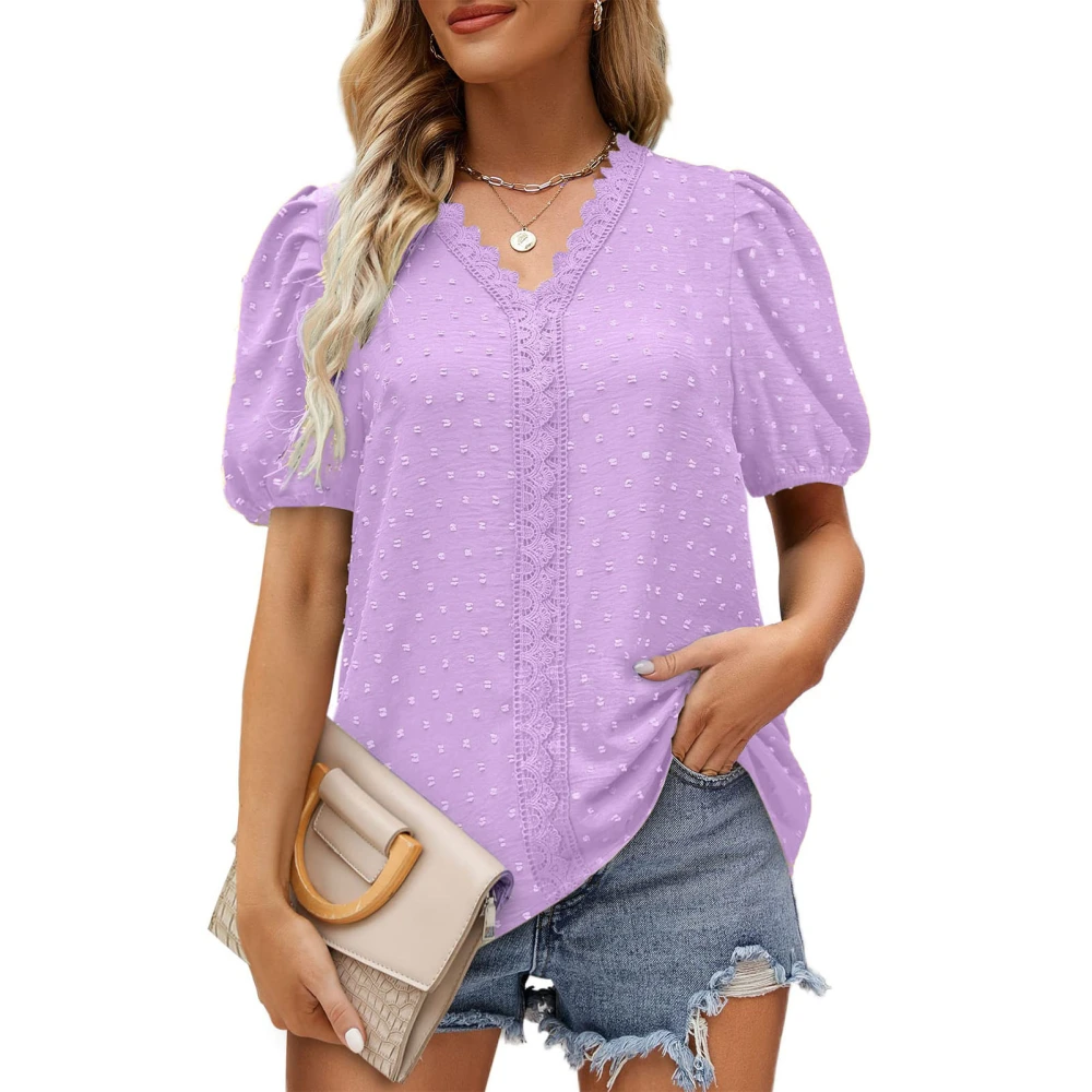 Women Casual Puff Sleeve Blouse V Neck Lace Trim Pure Color Loose Fitting Summer Top Purple M