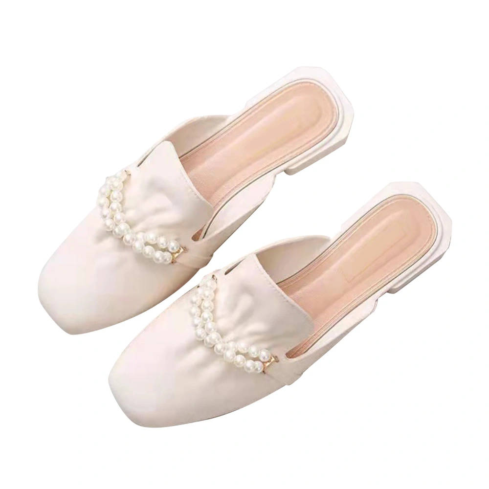 Women Close Toe Slides Faux Pearl Outdoor Low Heeled Backless Flat Slip On Slides Sandals Creamy White 39