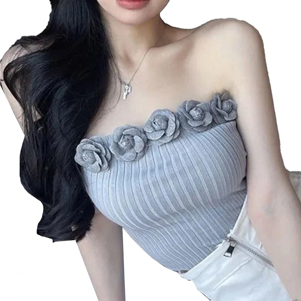 Women Strapless Top Off Shoulder Tube Top Elastic Knit Corset Top with Chest Flower Decoration Grey One Size (for 40-60kg)