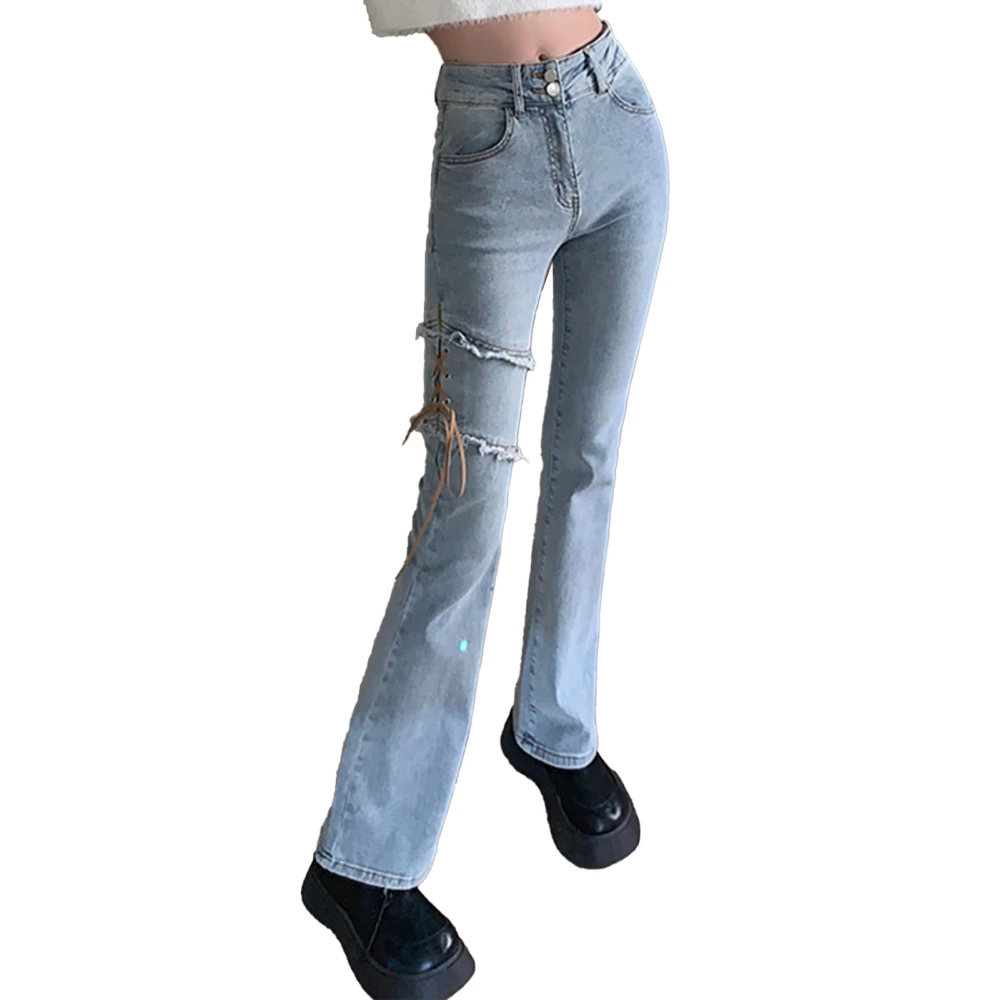 Flare Leg Pants Side Lace Up Slim Fitted High Waisted Long Flare Leg Trousers for Spring Autumn Blue M