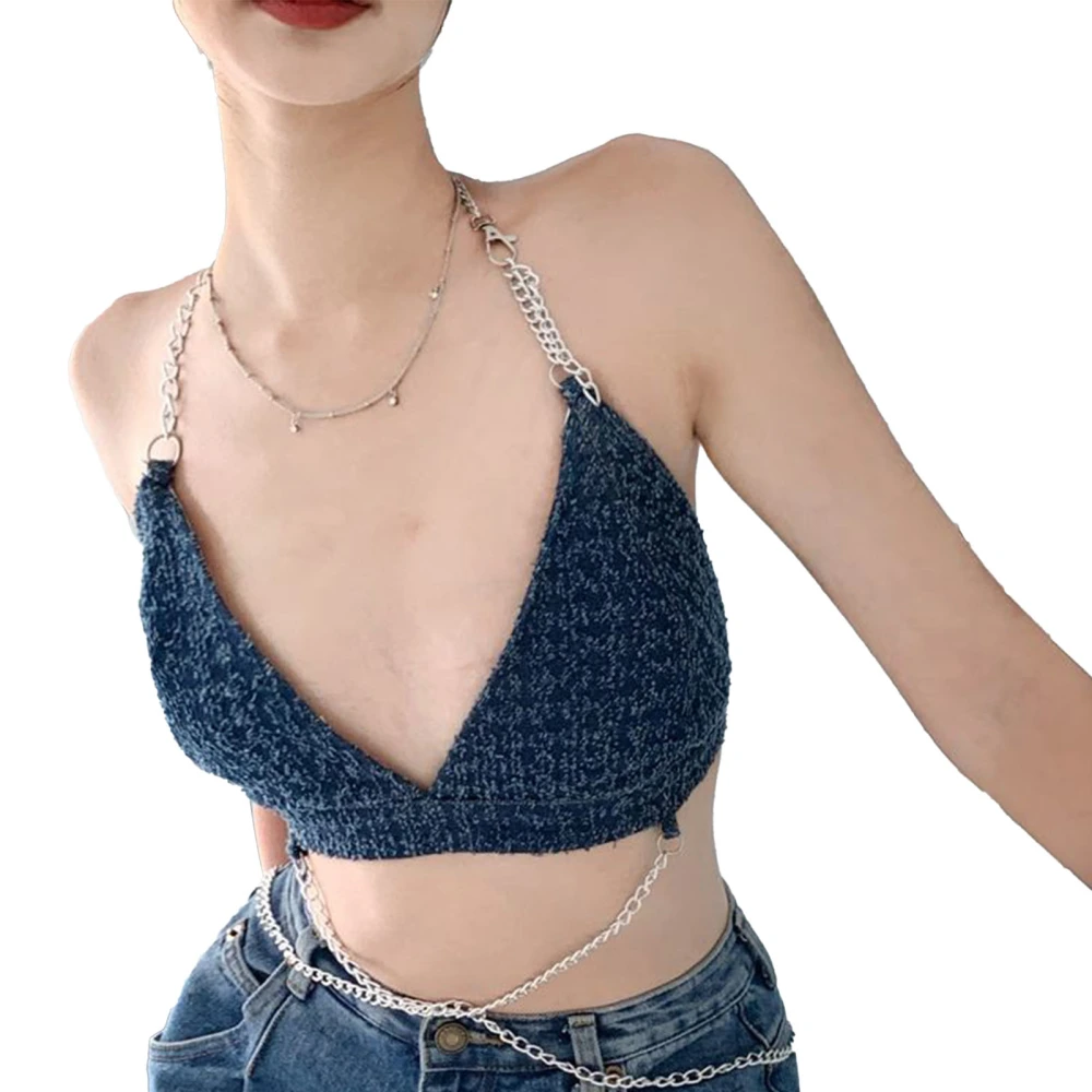 Women Tank Top Chain Decor Deep V Neck Short Type Summer Sleeveless Vest for Daily Wear Blue Free Size(40-60kg)