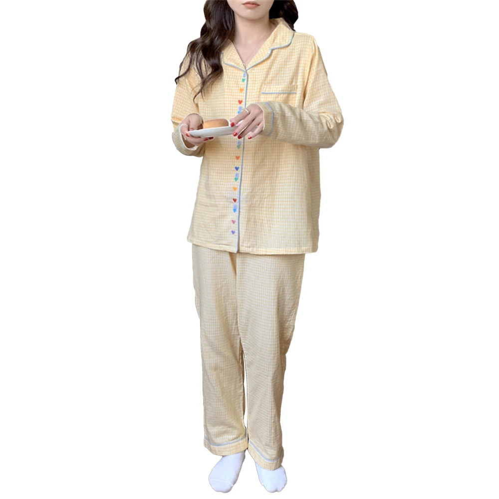 Pajamas Set Cute Cream Yellow Checked Heart Pattern Long Sleeve Open Front Loose Casual Sleepwear Cream Yellow Check Heart Pattern L