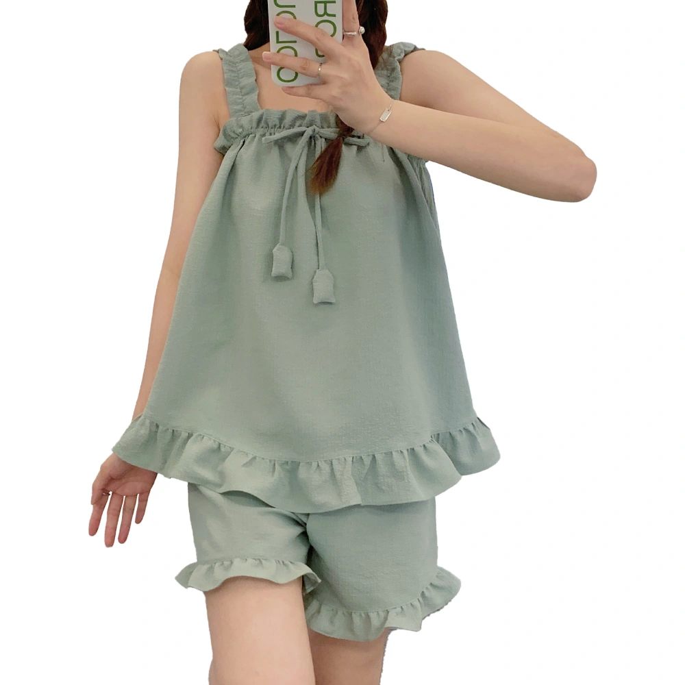 Cute Pajamas Set Cotton Blend Pure Color Sleeveless Breathable Comfortable Sleepwear For Women 7926 Green XL