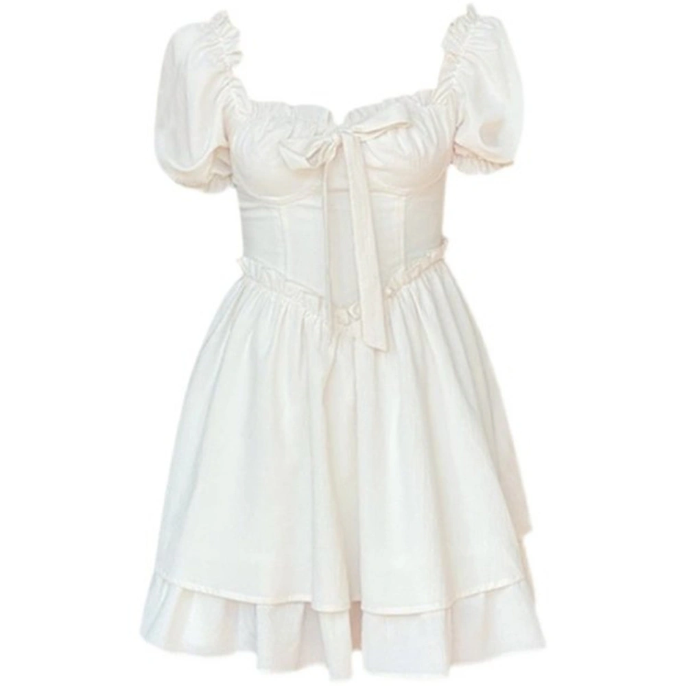 Women Short Dress with Puff Sleeve Front Tie Lace Trim Dress Summer Casual Dress White White L