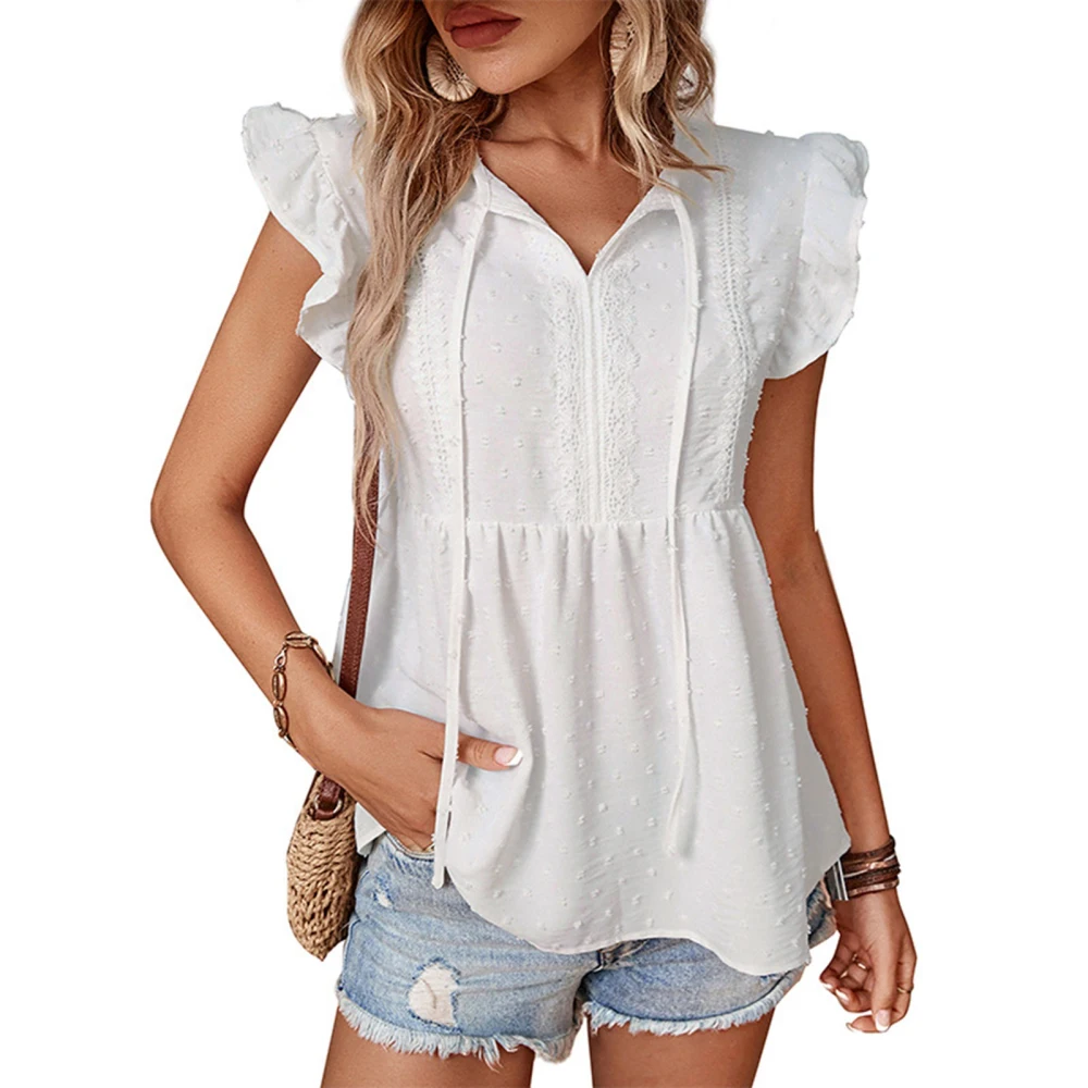 Women Lace Trim Top Ruffle Sleeves Neck Straps Casual Jacquard T Shirt for Summer Wear White S