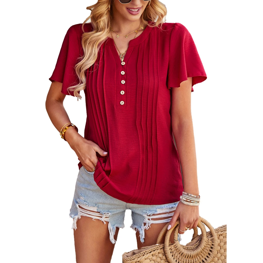 Women Short Flutter Sleeves Top V Neck Button Trim Pleated Summer Pure Color Casual T Shirt Wine Red S