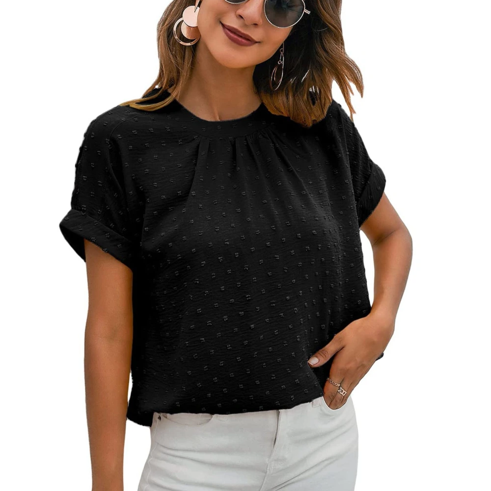 Short Sleeve Pleated Top Women Elegant Casual Plain Color Crewneck Shirt Blouse for Office Work Black XXL