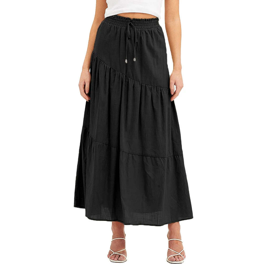 Women High Waisted Skirt Tiered Shirred Tie Knot Front Flowly Swing Pure Color Summer Maxi Skirt Black M