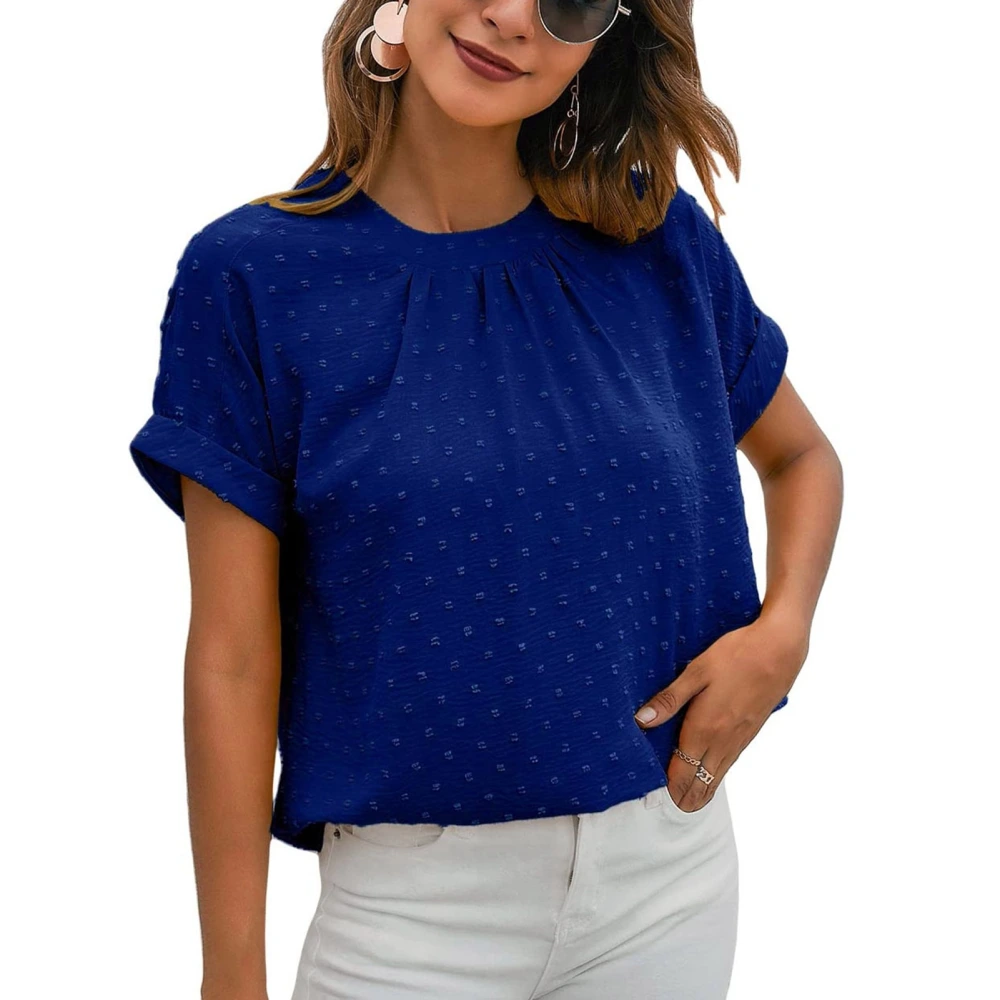 Short Sleeve Pleated Top Women Elegant Casual Plain Color Crewneck Shirt Blouse for Office Work Blue L