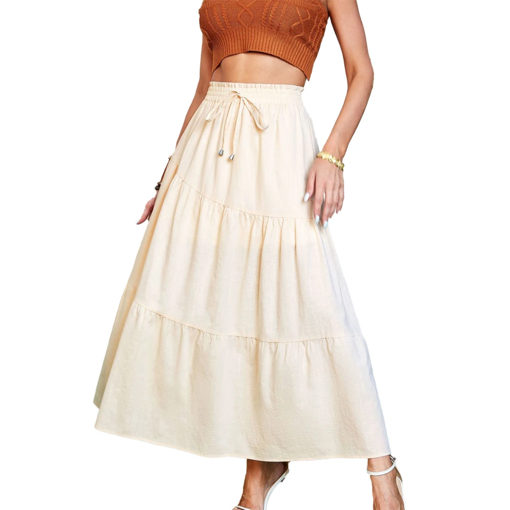 Women High Waisted Skirt Tiered Shirred Tie Knot Front Flowly Swing Pure Color Summer Maxi Skirt Beige M