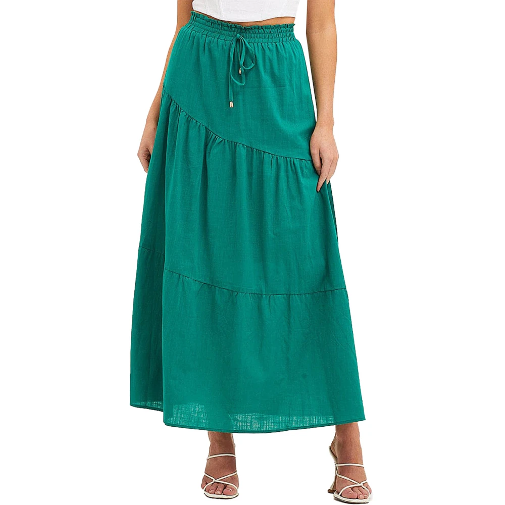 Women High Waisted Skirt Tiered Shirred Tie Knot Front Flowly Swing Pure Color Summer Maxi Skirt Green S