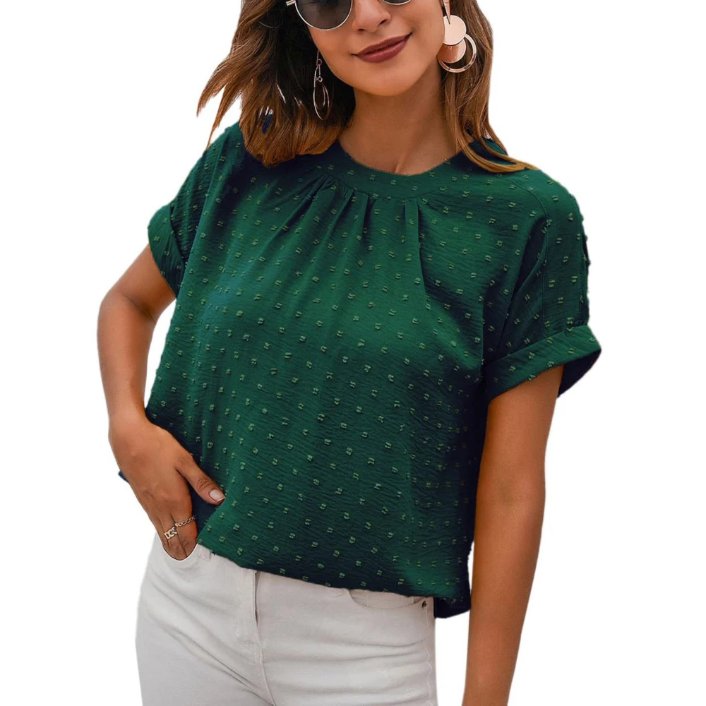 Short Sleeve Pleated Top Women Elegant Casual Plain Color Crewneck Shirt Blouse for Office Work Green M