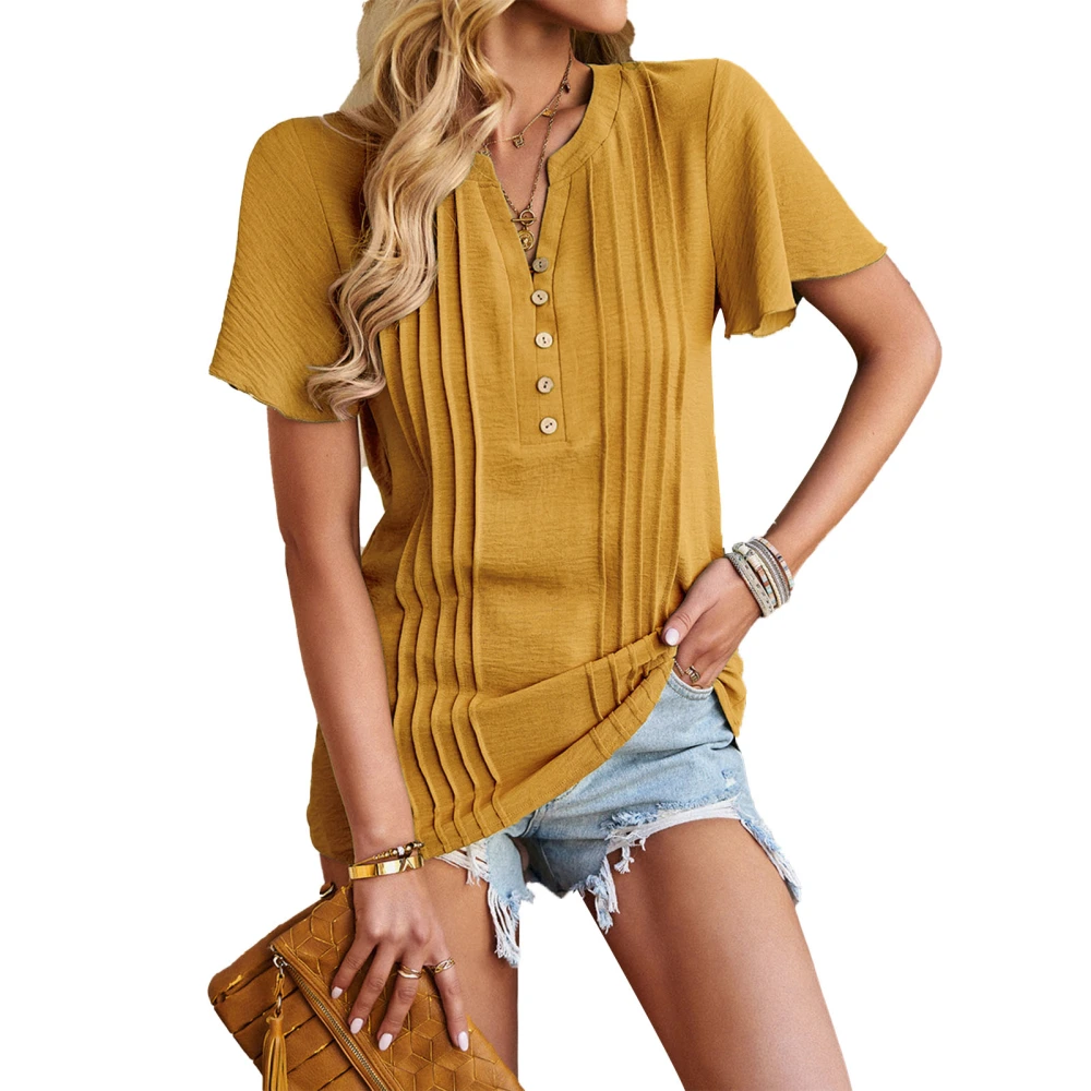 Women Short Flutter Sleeves Top V Neck Button Trim Pleated Summer Pure Color Casual T Shirt Yellow M