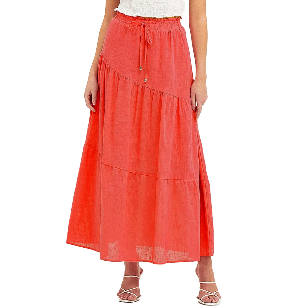 Women High Waisted Skirt Tiered Shirred Tie Knot Front Flowly Swing Pure Color Summer Maxi Skirt Orangered L