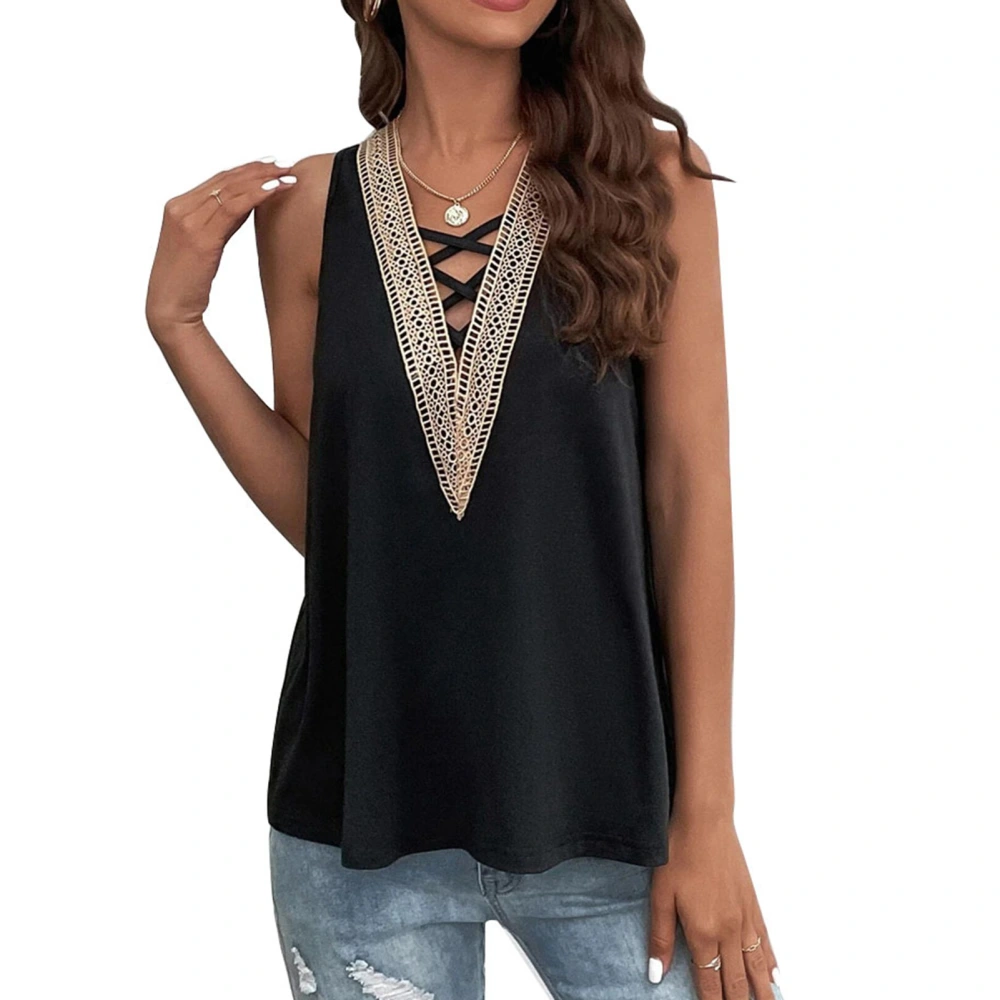 Women Criss Cross Deep V Neck Tank Top Casual Lace Up Loose Fitting Sleeveless Shirt Black XL