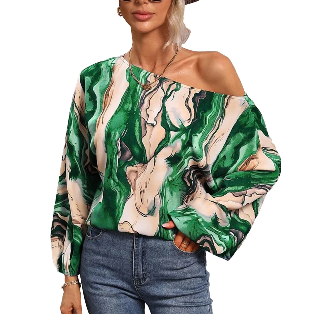 Women Puff Sleeve Top Crewneck Bishop Soft Breathable Fashion Polyester Clothing Green Painting L