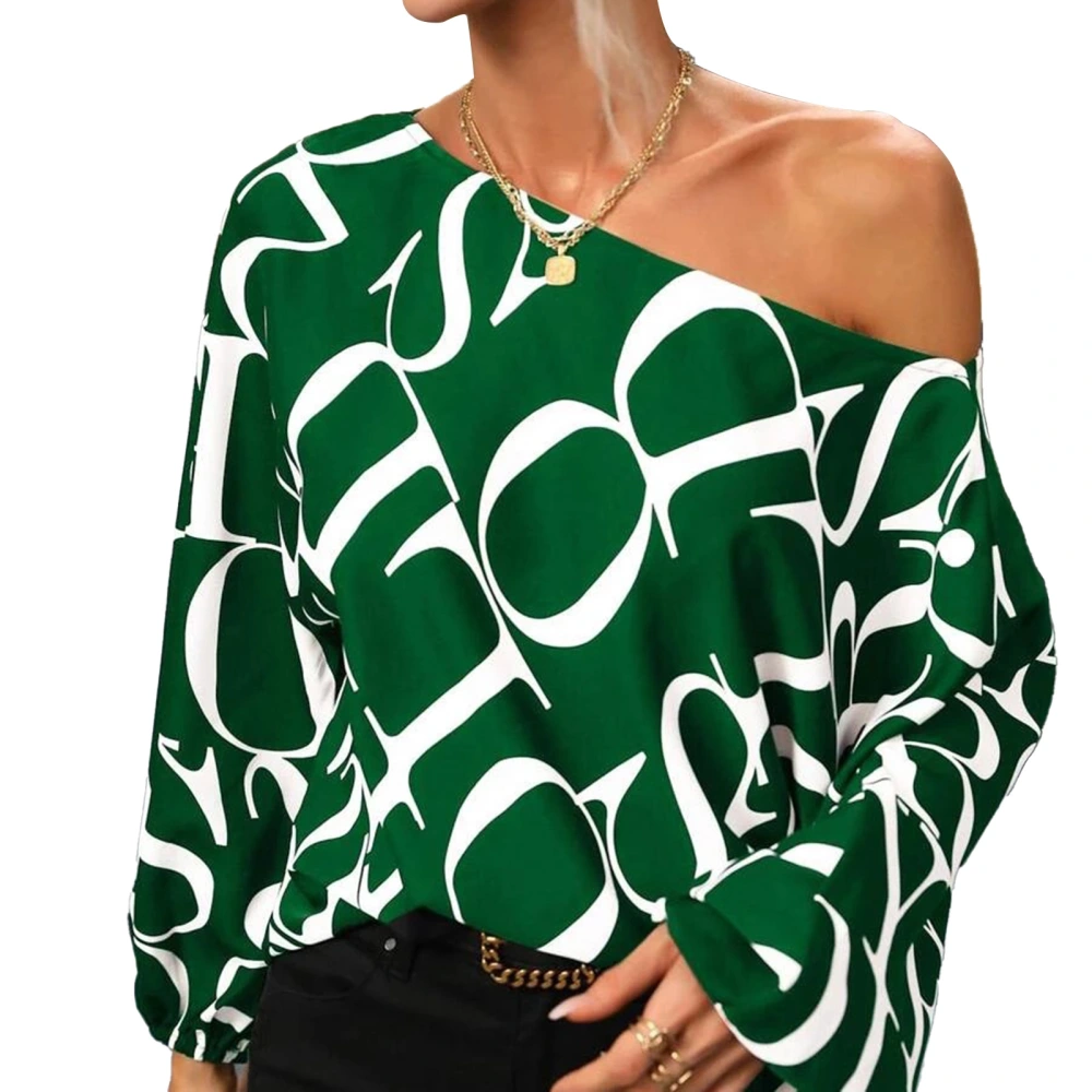 Women Puff Sleeve Top Crewneck Bishop Soft Breathable Fashion Polyester Clothing Green Letter S