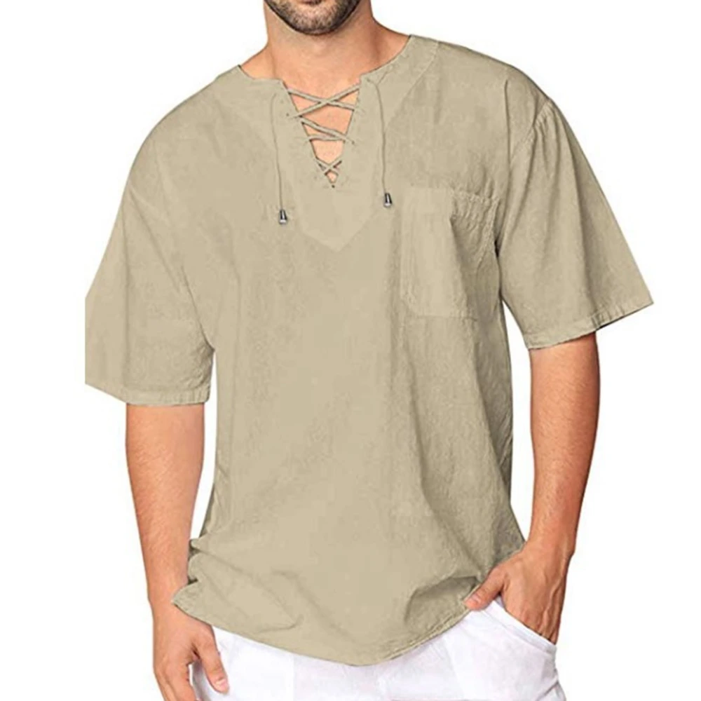 Men V Neck T Shirt Crossing Strap Short Sleeves Pure Color Casual Summer Top for Daily Wear Beige L