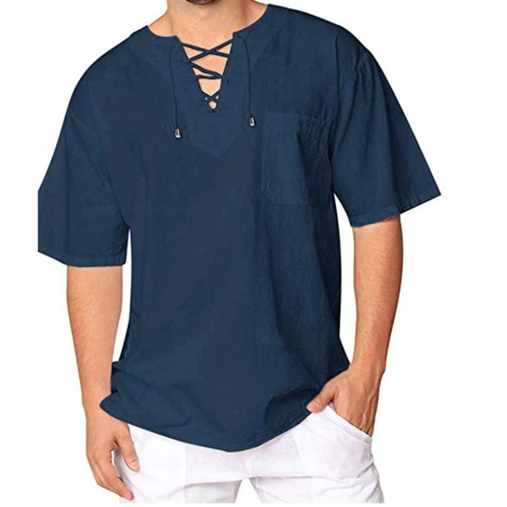 Men V Neck T Shirt Crossing Strap Short Sleeves Pure Color Casual Summer Top for Daily Wear Navy Blue M