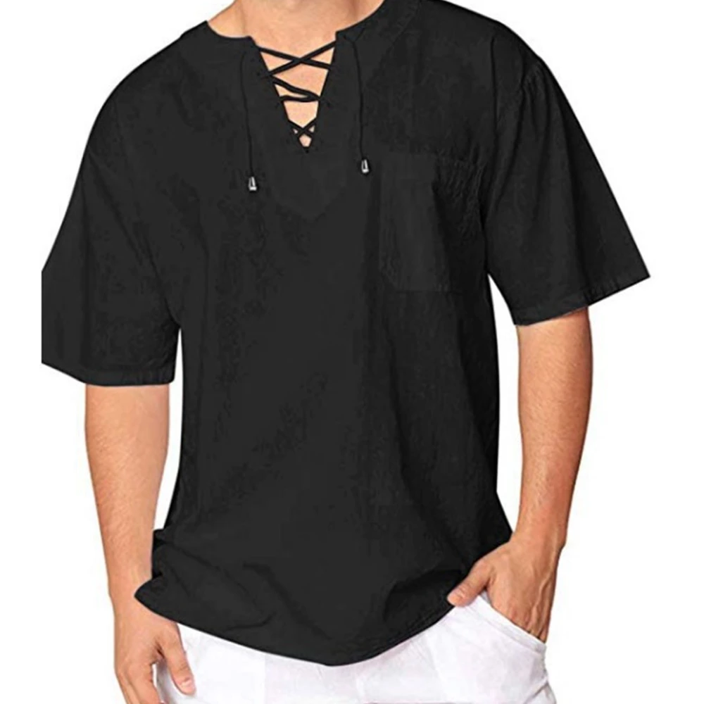 Men V Neck T Shirt Crossing Strap Short Sleeves Pure Color Casual Summer Top for Daily Wear Black XXL