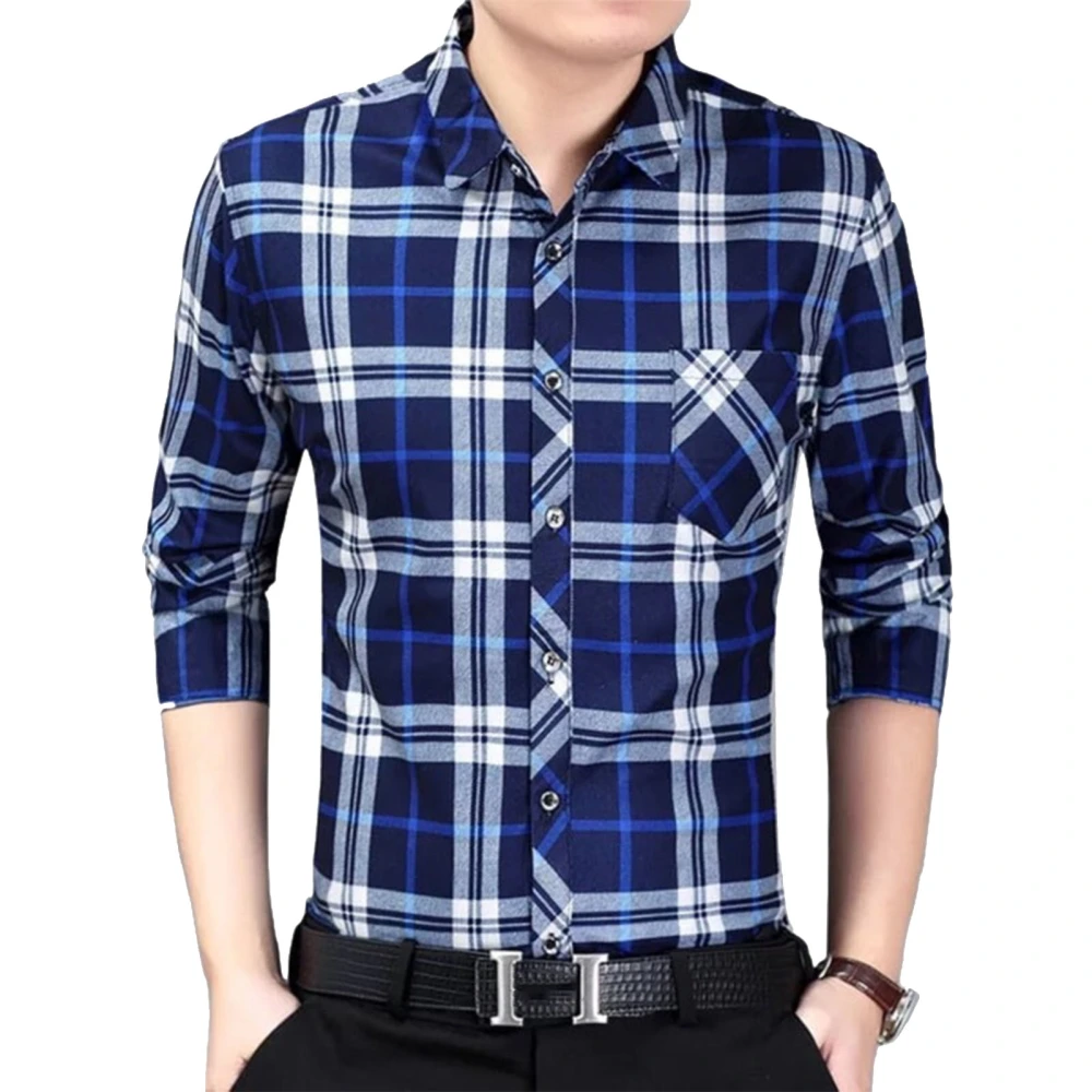 Men Long Sleeve Plaid Shirt Regular Fit Casual Comfortable Top for Home Shopping Dating Office Work Dark Blue XL