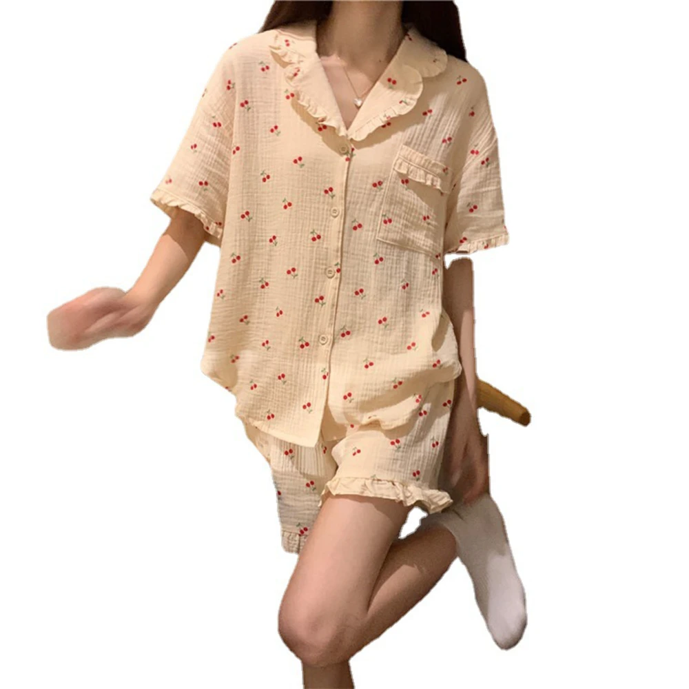 Women Short Sleeve Sleepwear Milk Silk Fabric Button Down Two Piece Pajamas Set for Summer Light Apricot XL