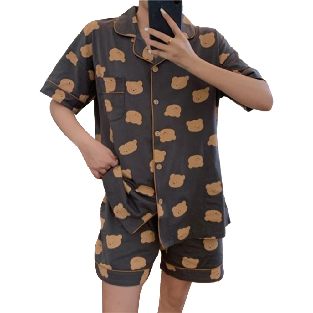 Short Sleeve Sleepwear Button Down Bear Cartoon Printed Milk Silk Pajama Set Women Sleepwear Grey L