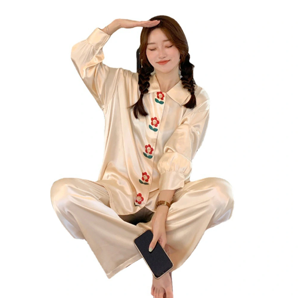 Long Sleeve Pajama Set Milk Fiber Women Long Sleeve Soft Comfortable Breathable Leisure Wear for Home Bedroom Ice Silk Floret M