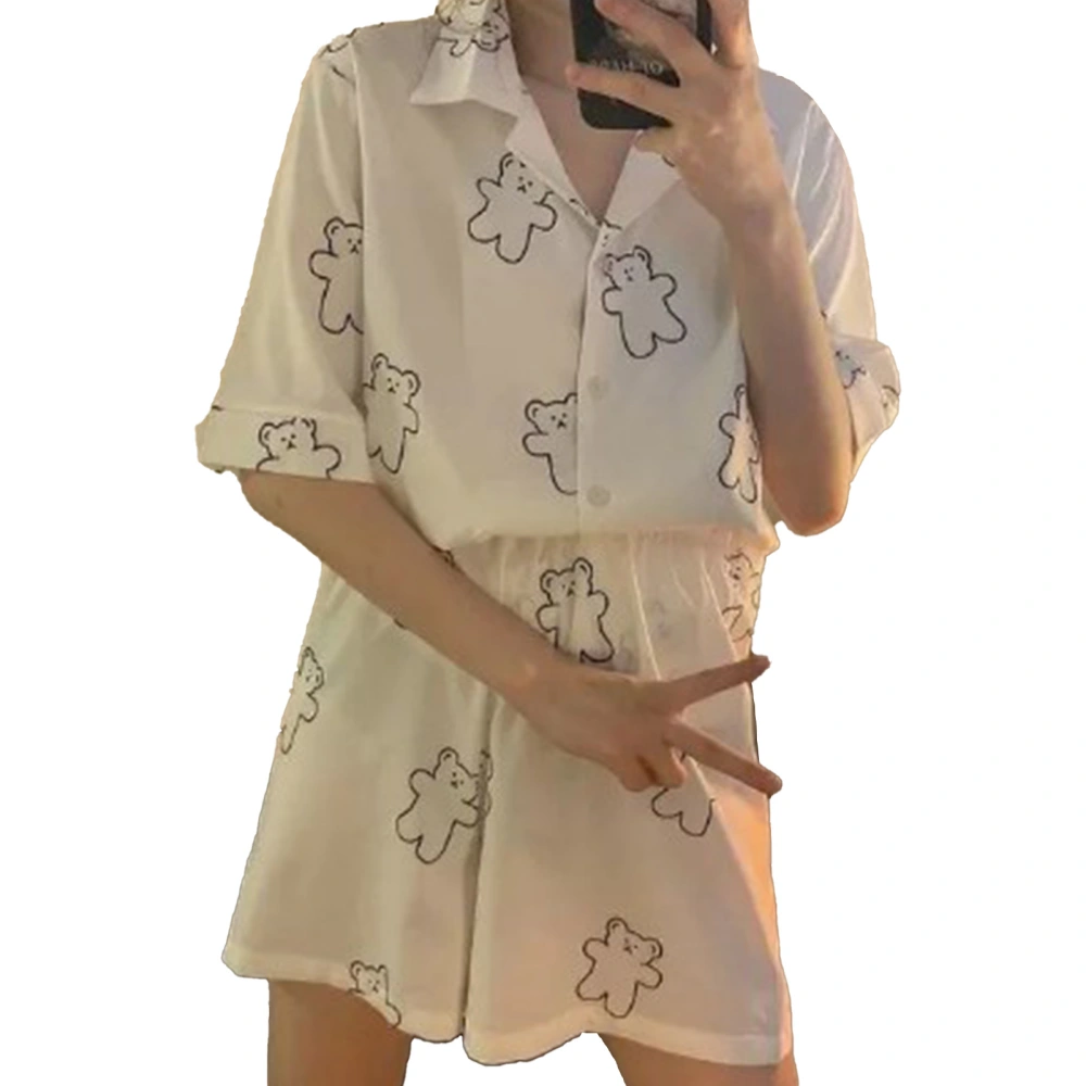 Woman Pajamas Set White Cute Bear Pattern Short Sleeve Button Up Turn Down Collar Top Shorts Summer Sleepwear Open Front L