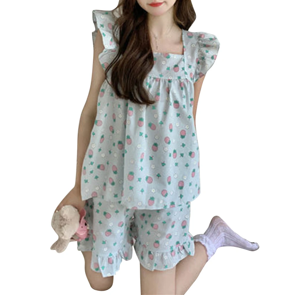 Women Pajama Set 2 Pieces Loungewear Short Sleeves Top Pants Clothing for Summer Home Blue M