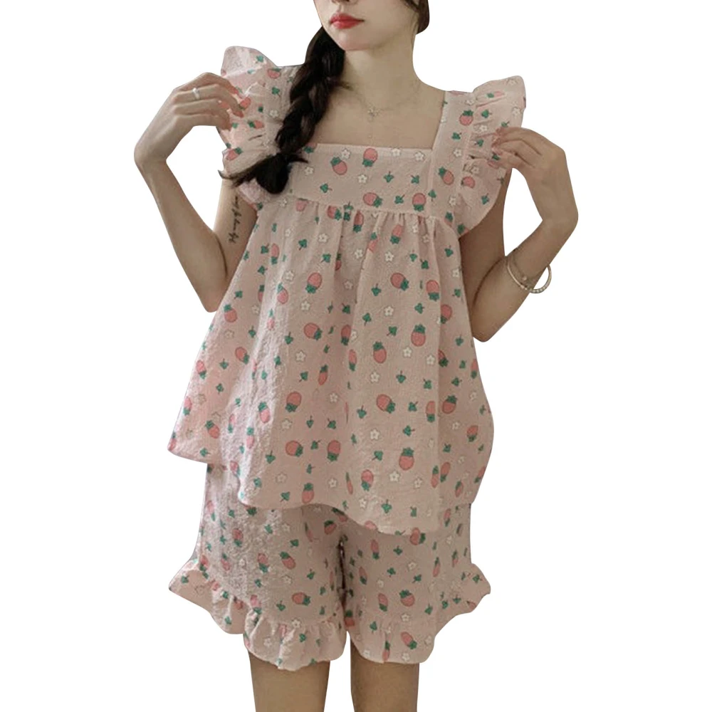 Women Pajama Set 2 Pieces Loungewear Short Sleeves Top Pants Clothing for Summer Home Pink L