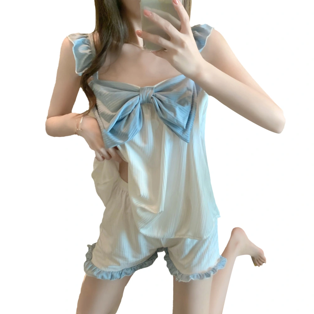 Suspender Pajamas Two Piece Set Ruffled Strap Cute Bow Tie Design Polyester Material White XL