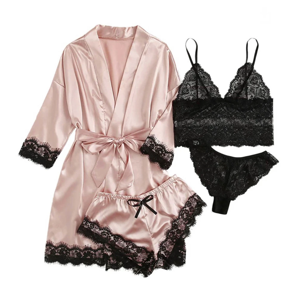 4Pcs Women Lace Satin Pajama Set Silky Summer Suit Soft Breathable Ice Silk Fabric V Neck Turndown Collar Pink L