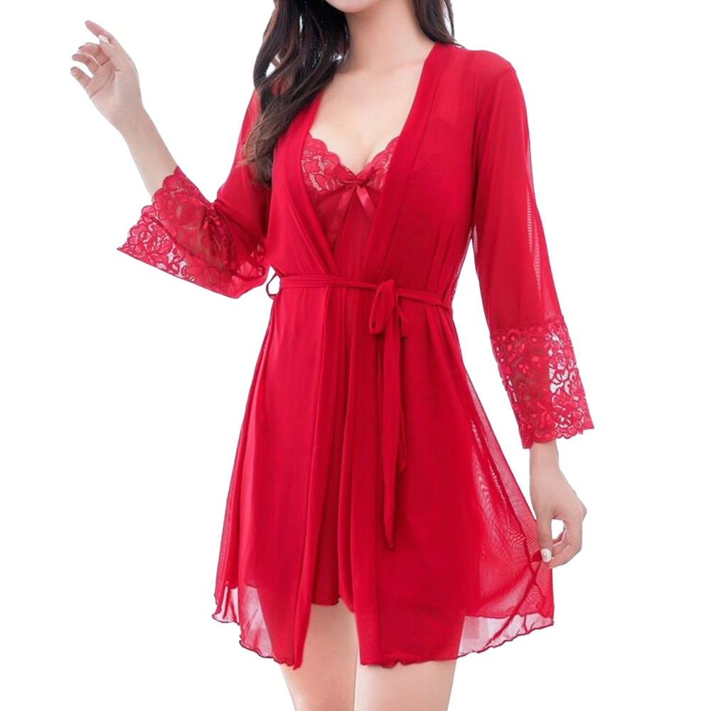 Women 3 Piece Lace Pajama Soft Elastic Charming V Neck Lace Nightwear with Adjustable Shoulder Strap Red L