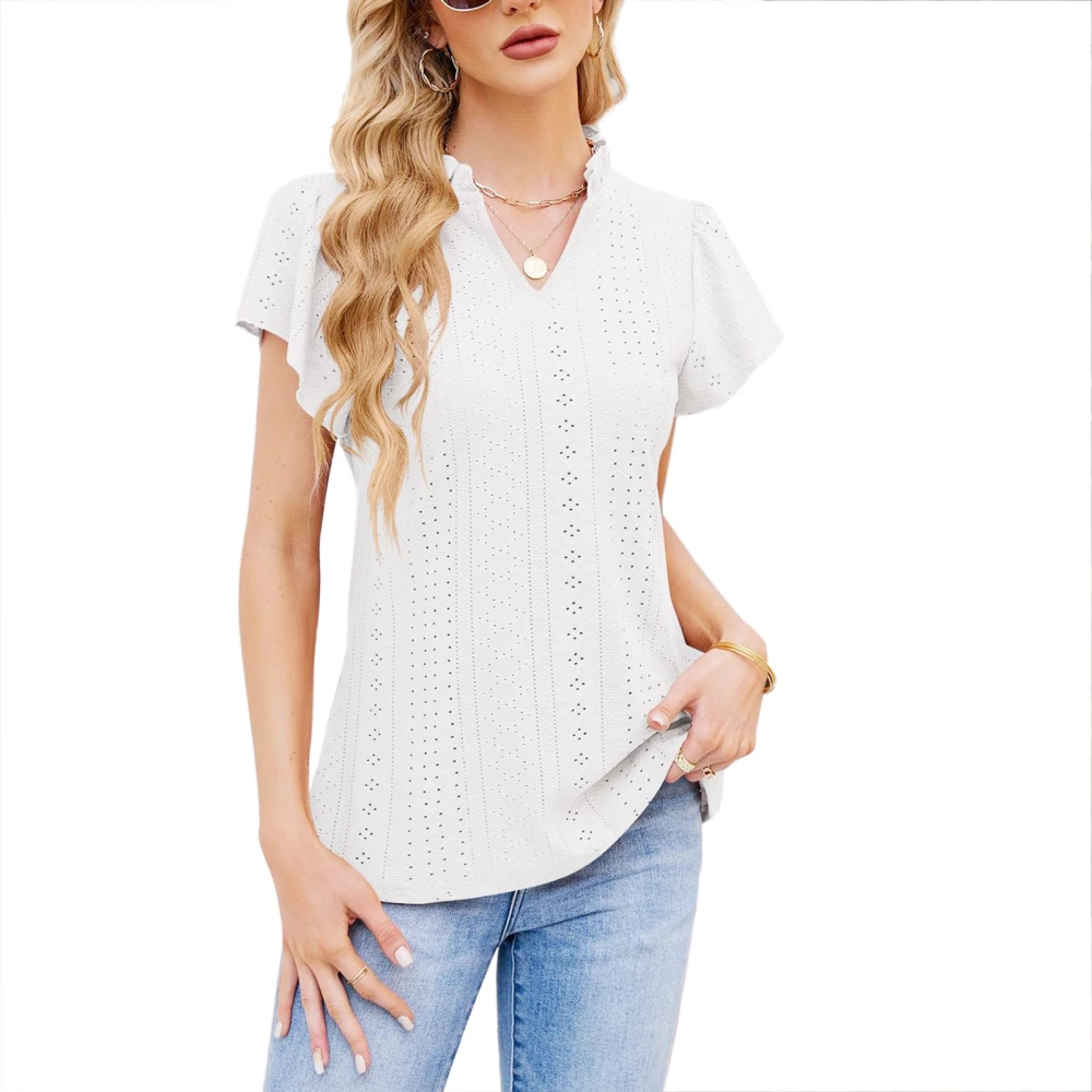 Plain Color Frill V Neck Top Blouse Women Loose Casual Ruffle Short Sleeve Crochet T Shirt for Office White L