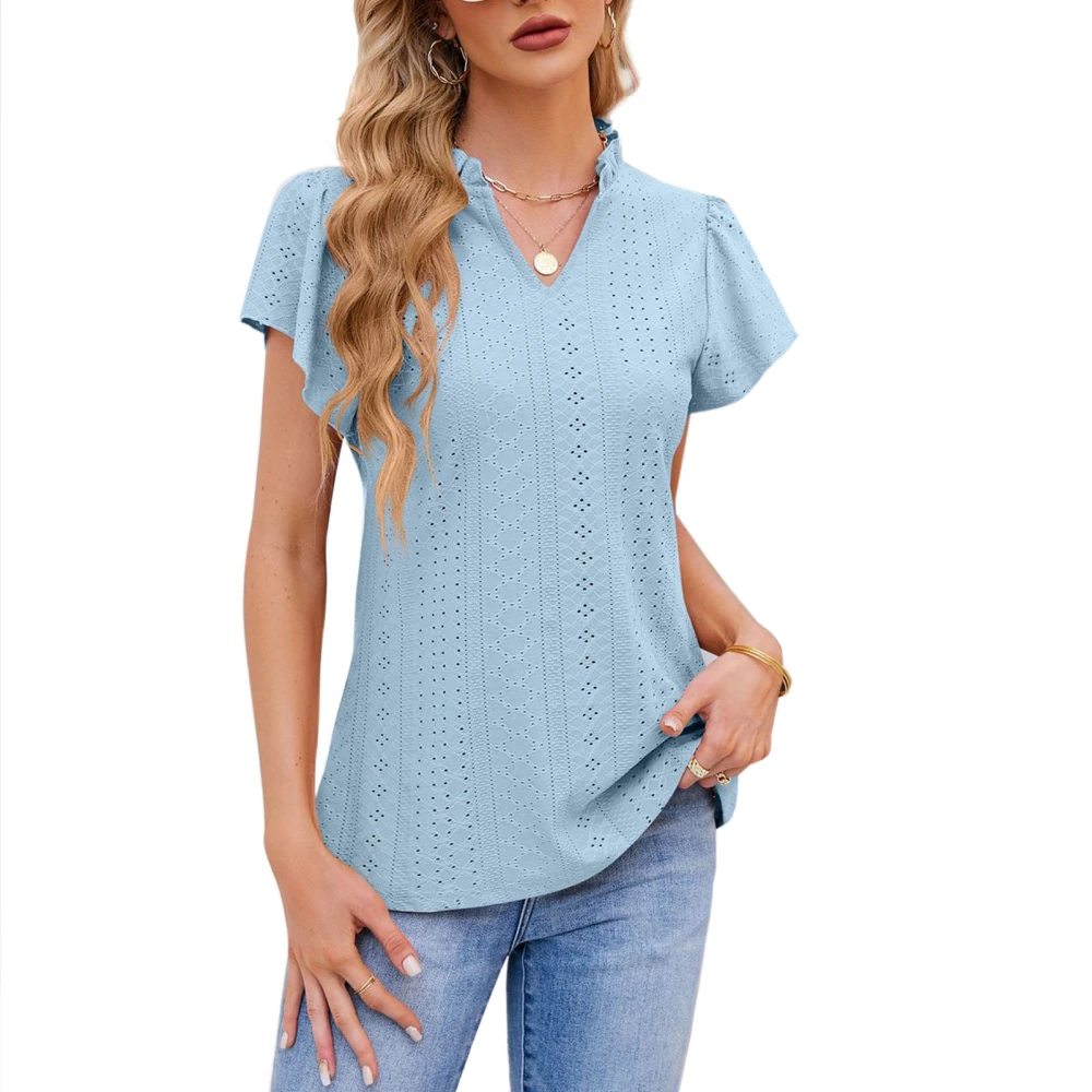 Plain Color Frill V Neck Top Blouse Women Loose Casual Ruffle Short Sleeve Crochet T Shirt for Office Skyblue S