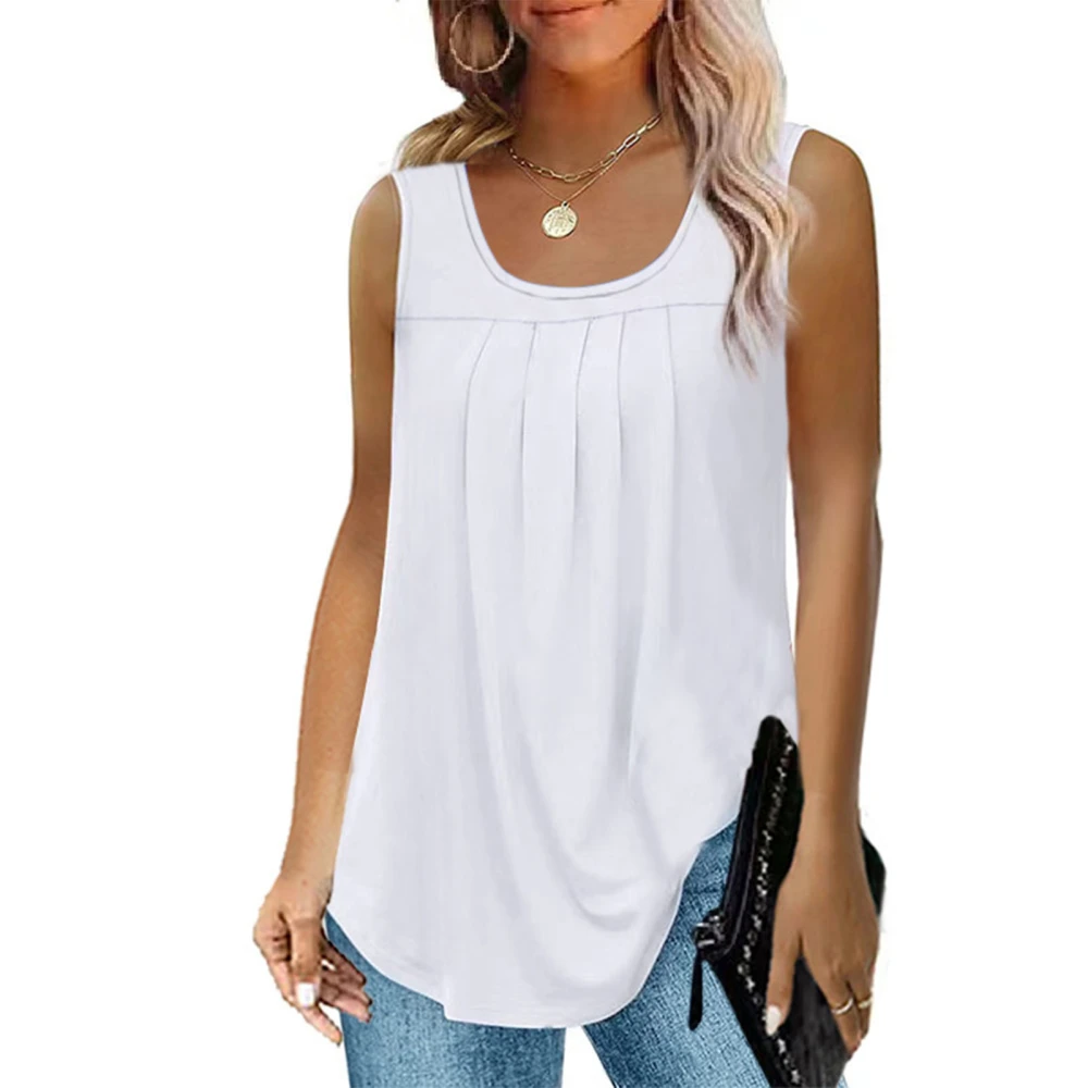 Women Sleeveless Top Loose Fit Solid Color Crewneck Pleated Fashion Clothing for Travel Shopping White M