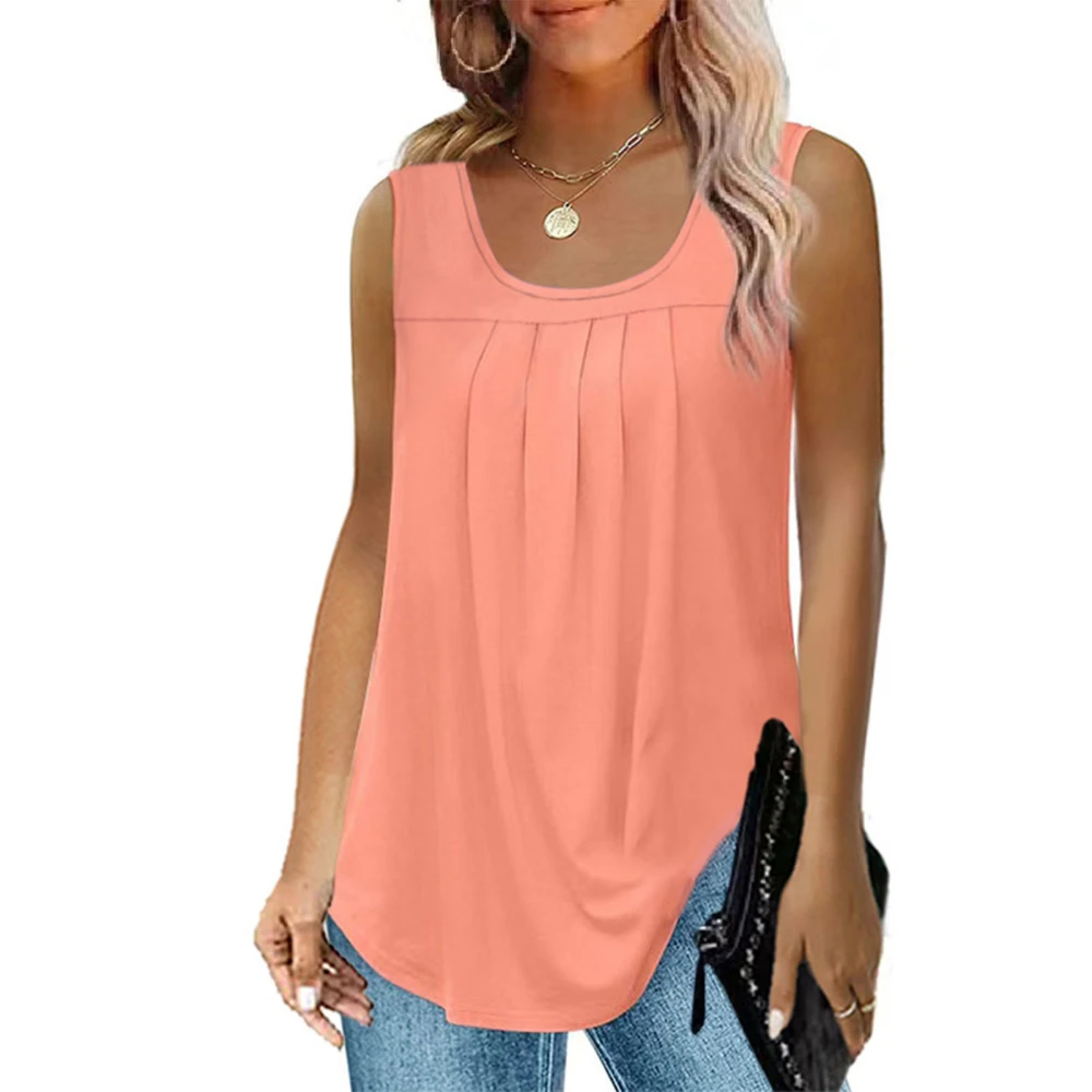 Women Sleeveless Top Loose Fit Solid Color Crewneck Pleated Fashion Clothing for Travel Shopping Pink L