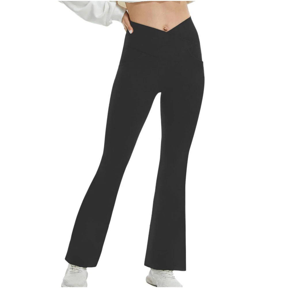 Women High Waist Long Pants Inner Pocket Pure Color Bell Bottomed Trousers for Daily Wear Black M