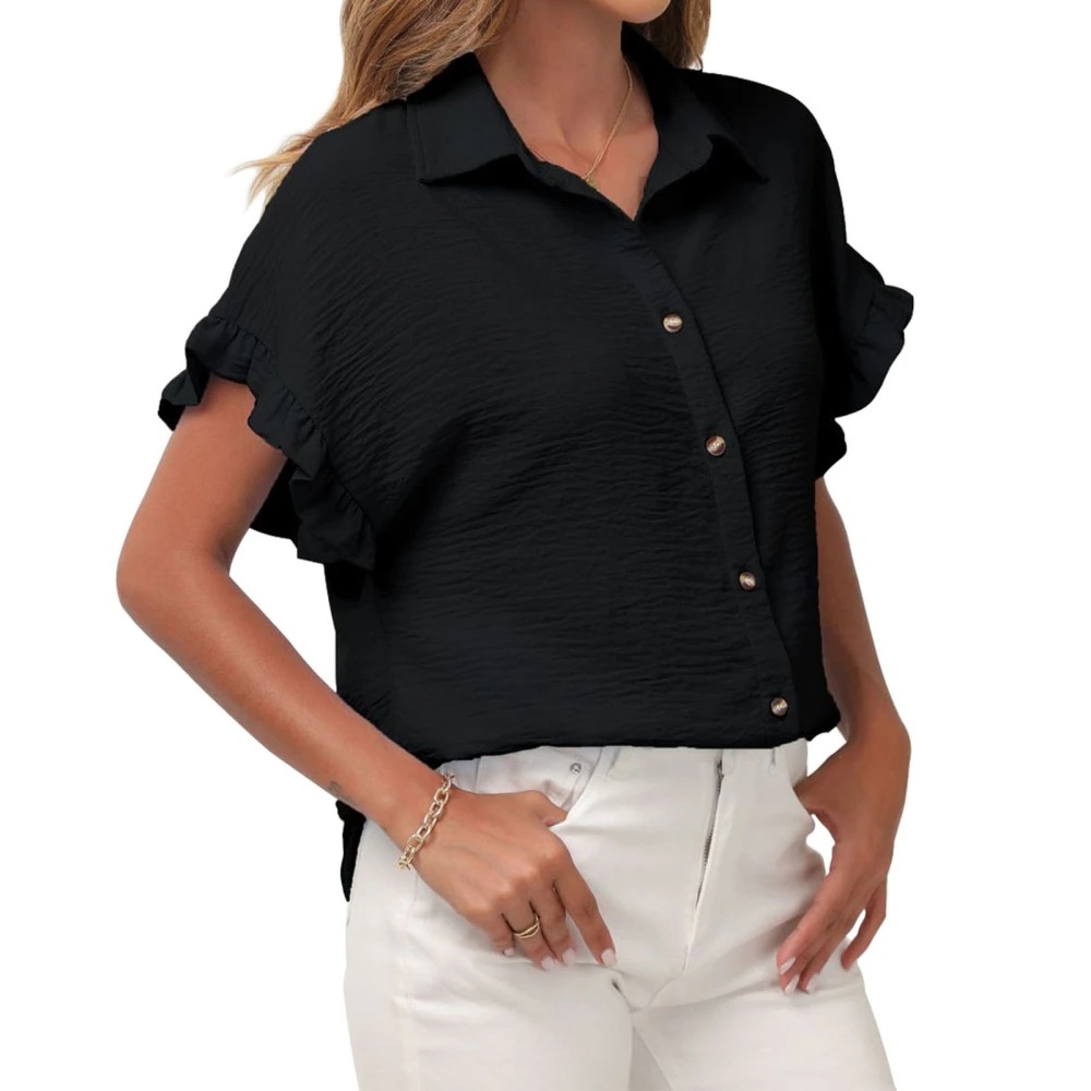 Women Short Ruffle Sleeve Shirts Turn Down Collar Pure Color Button Closure Summer Casual Blouse Black XL