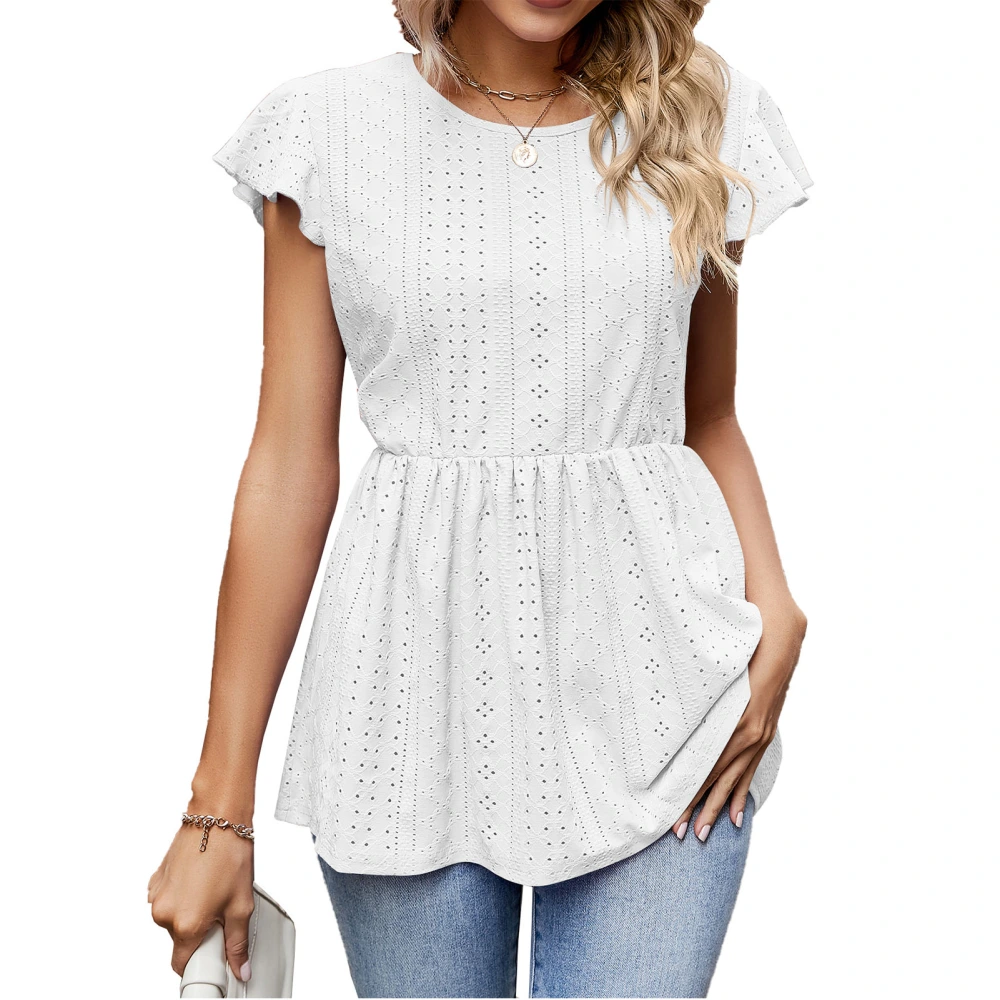 Woman Flowy Tunic Tops Crewneck Eyelet Tops Sleeveless Ruffle Trim Loose Fit Lacing Strip Back Casual Shirts White XXL