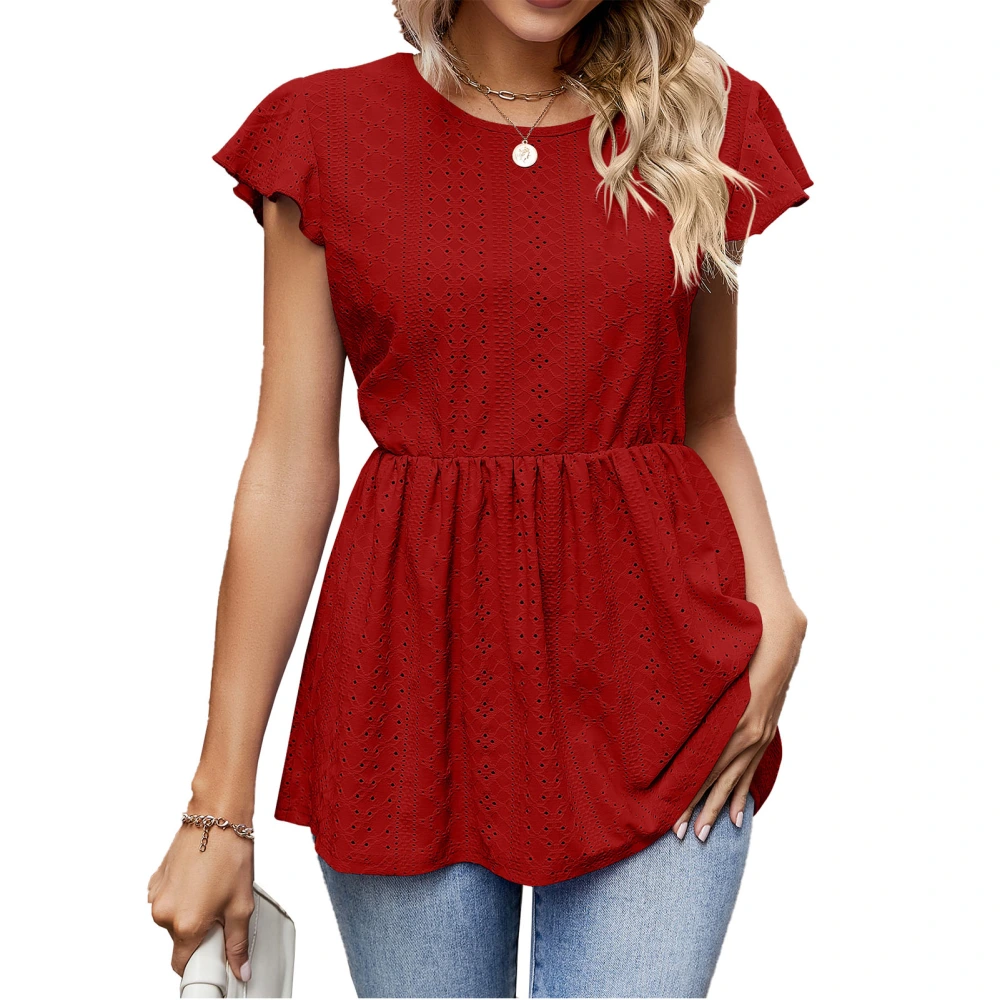 Woman Flowy Tunic Tops Crewneck Eyelet Tops Sleeveless Ruffle Trim Loose Fit Lacing Strip Back Casual Shirts Red M