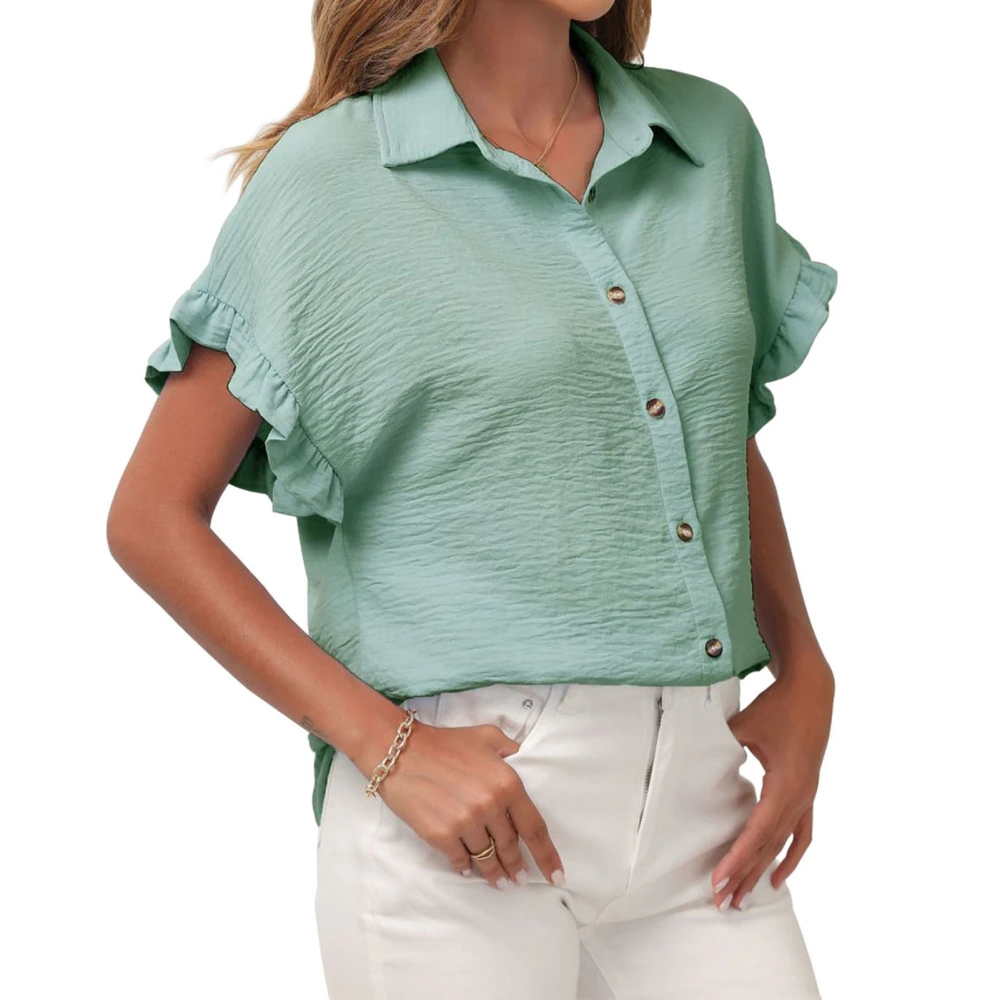 Women Short Ruffle Sleeve Shirts Turn Down Collar Pure Color Button Closure Summer Casual Blouse Pea Green XXL