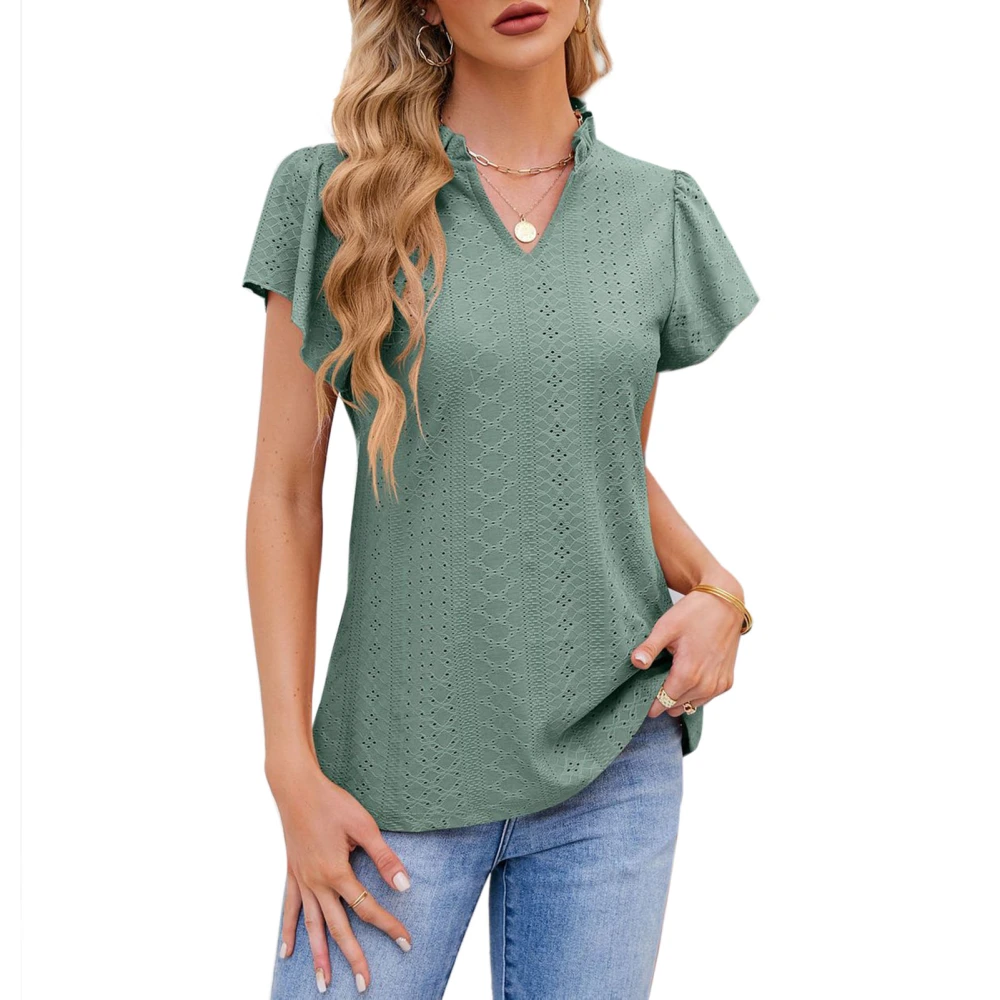 Plain Color Frill V Neck Top Blouse Women Loose Casual Ruffle Short Sleeve Crochet T Shirt for Office Green XL