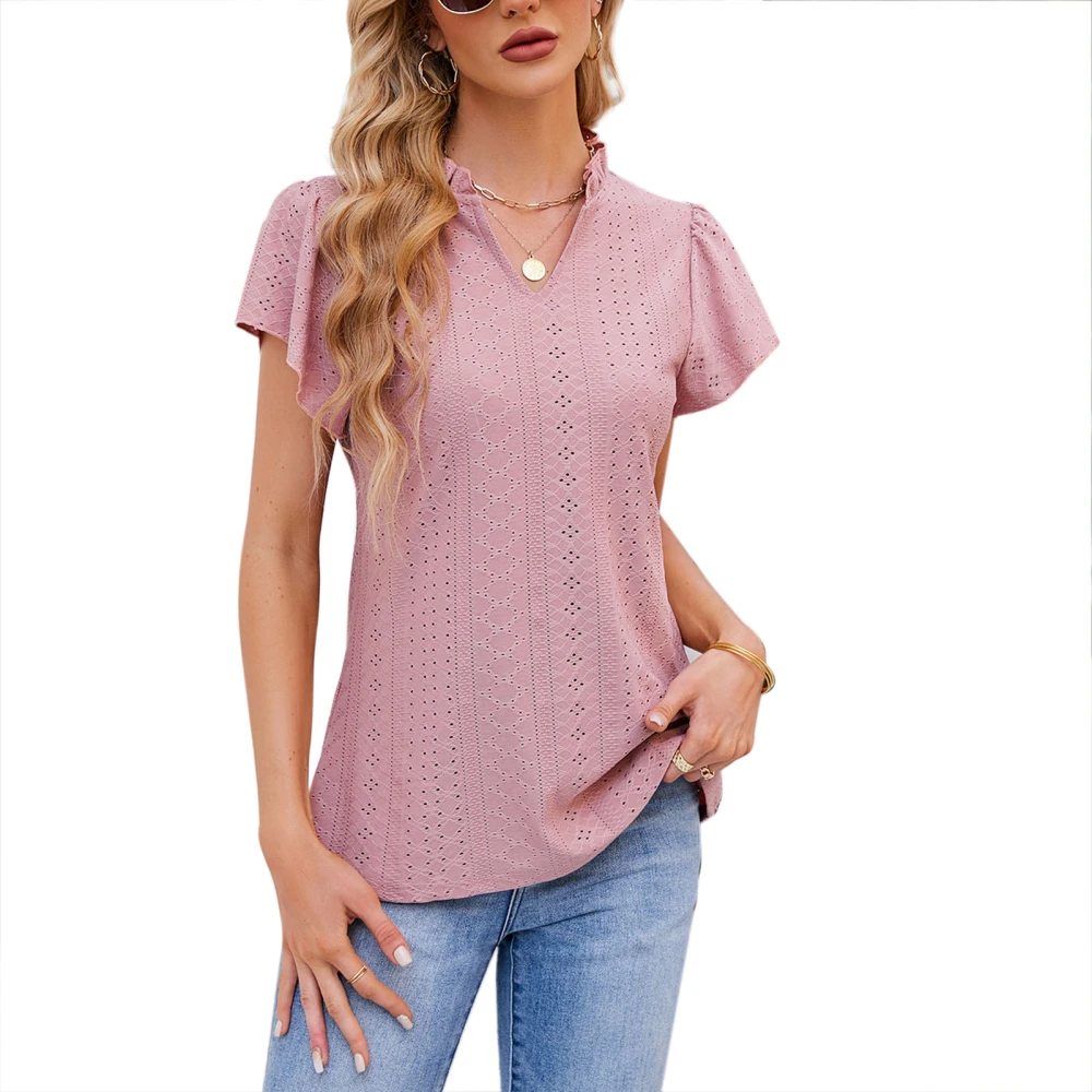 Plain Color Frill V Neck Top Blouse Women Loose Casual Ruffle Short Sleeve Crochet T Shirt for Office Pink XL