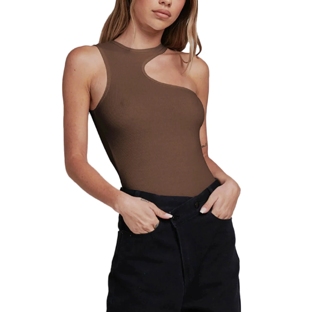 Women Sleeveless Bodysuit Round Neck Asymmetrical Tight Fit Plain Pattern Simple Elegant Rib Knit Bodysuit Brown M